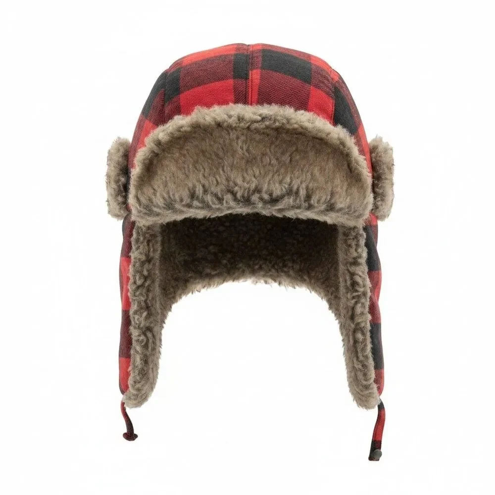 Checkered Fur Ushanka Red/ Black Fur Trappers Hat One Size Unisex
